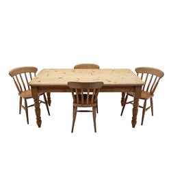 20th-century stripped pine dining table with four beech farmhouse kitchen chairs came, rec...