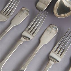 Set of Victorian silver Fiddle pattern cutlery for six place settings, comprising two table spoons, six dessert spoons, six table forks and six dessert forks, all engraved with initial to terminal, table spoons and dessert spoons hallmarked Robert Williams & Sons, Exeter 1848, forks hallmarked Henry Holland, London 1847