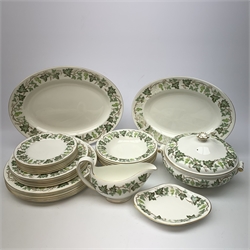 Wedgwood Santa Clara pattern dinner wares, comprising six dinner plates, six salad plates, six side plates, six bowls, tureen and cover, sauce boat and stand, and two oval serving platters. 