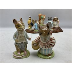 Seven Beswick Beatrix Potter figures, comprising Sally Henny Penny, Johnny Town-Mouse, Mrs Tiggy-Winkle, Mrs Tittlemouse, Tom Kitten, Pig-Wig and Squirrel Nutkin, together with a Beswick tree trunk display stand, stand L30cm