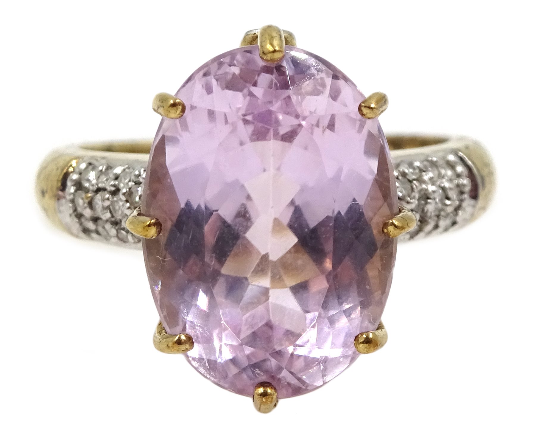 9ct gold oval kunzite ring with diamond set shoulders and gallery,  hallmarked