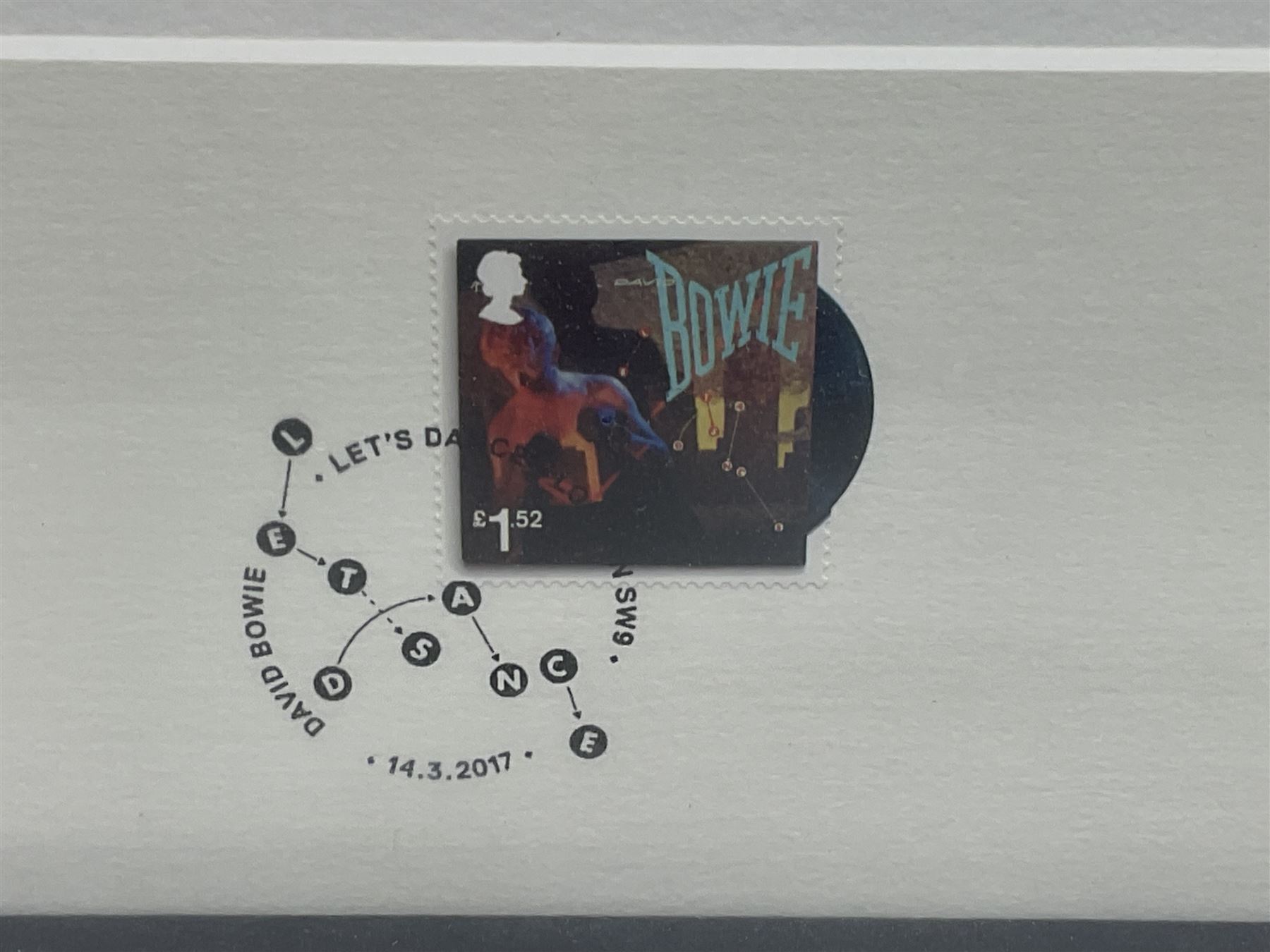 Set of four Royal Mail David Bowie limited edition album stamp prints, comprising Heroes, Ziggy Stardust Tour, Hunky Dory and Let's Dance, all framed and in original packaging, H43cm W43cm
