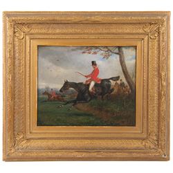 After Samuel Henry Alken (British 1810-1894): The Steeplechase - Clearing a Hedge, oil on panel signed with monogram SA and dated 1863, 22cm x 27cm 