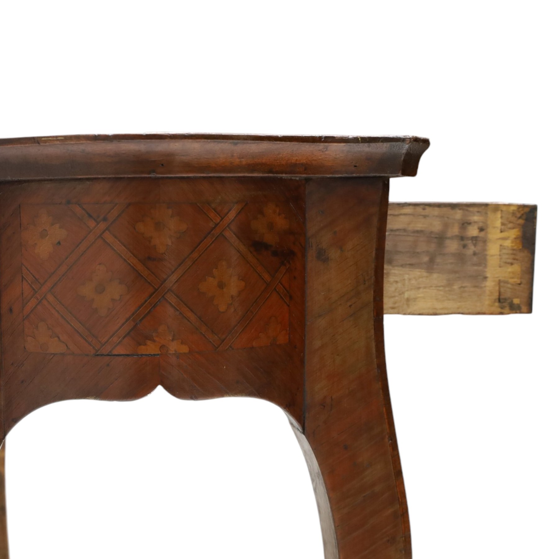 Small French inlaid marquetry and parquetry occasional table or bedside, the shaped top with raised moulded edge and chequered inlay top with crossbanding, fitted with single frieze drawer with gilt-metal handle, raised on cabriole supports united by undertier