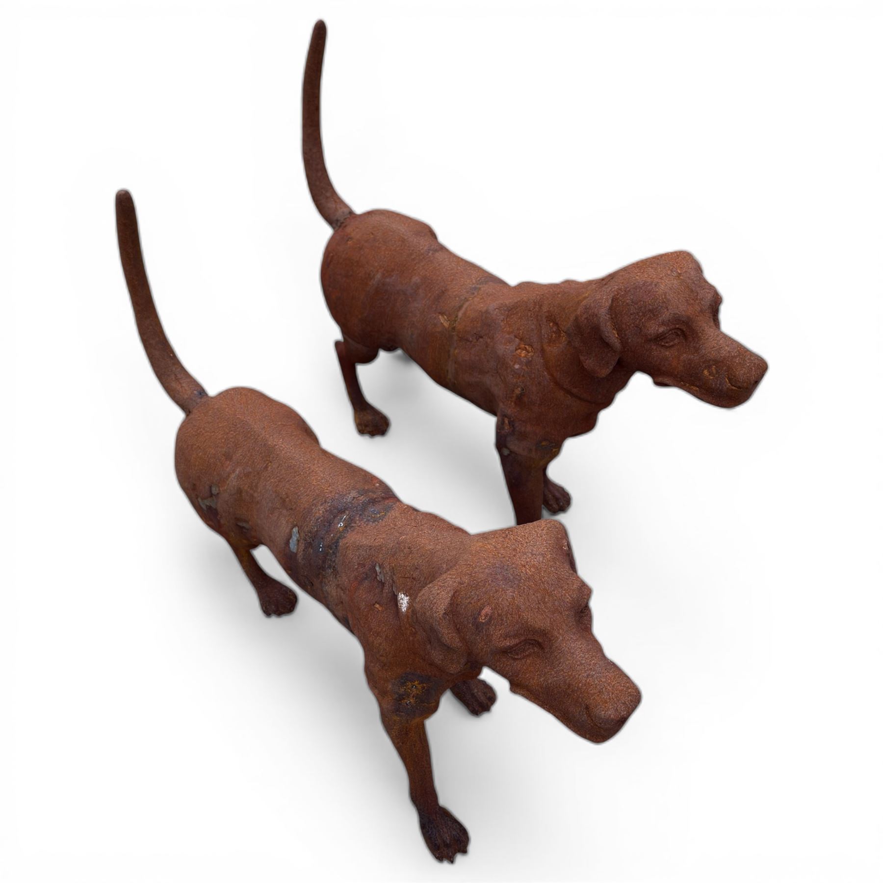 Pair of life-size heavy cast iron garden Hunting dogs