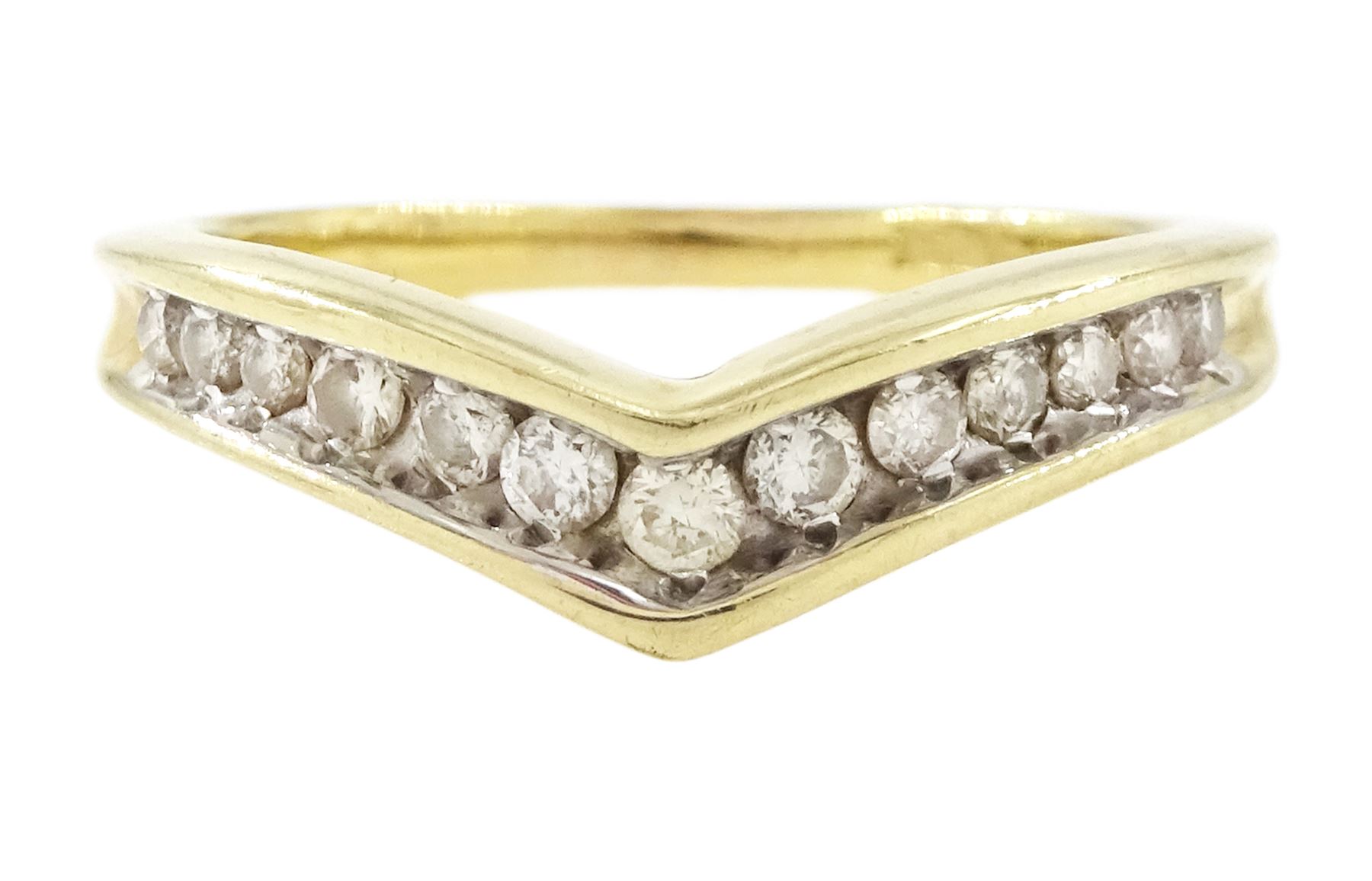 9ct gold diamond wishbone ring, channel set with thirteen round brilliant cut diamonds, hallmarked