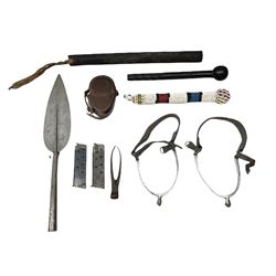 Miscellaneous items including two native ceremonial maces; steel spear head; pair of chrome plated spurs by Geo. Parker & Sons; WW1 French & Son marching compass leather case; scissor action bullet mould etc