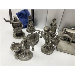 Twelve Franklin Mint pewter figures, to include some from the Cries of London series, together with a Franklin Mint 1937 Rolls Royce Phantom III pewter model and Danbury Mint Christmas bells