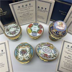Five Halcyon Days enamel boxes, to include The 2000 Easter Egg, decorated with angels and cherubs upon a blue ground, The 2000 St Valentines Day Box, decorated with a pair of doves, a similar Because I Love You example and the 1999 and 2000 Mother's Day boxes, all boxed 