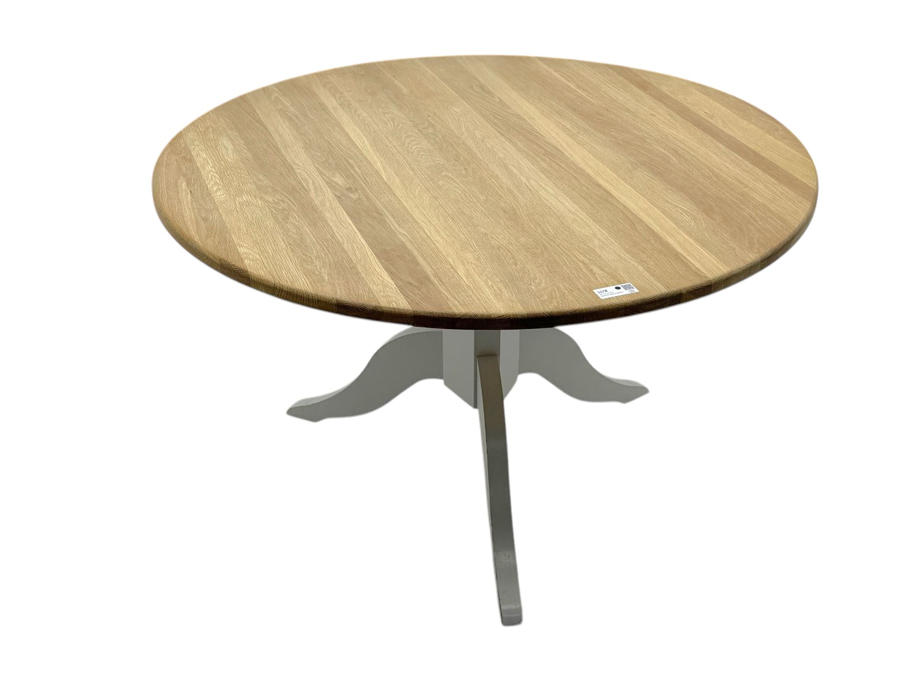 Contemporary Neptune 'Chichester' dining table, circular oak plank top over a grey painted pedestal base, raised on three curved supports