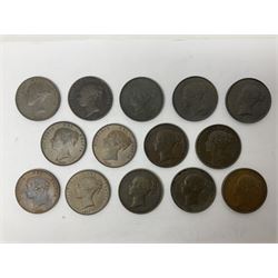 Fourteen Queen Victoria one penny coins, dated 1844, 1846, 1848, 1853, 1854, three 1855, two 1857, two 1858 and two 1859