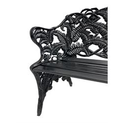 Coalbrookdale - black painted cast iron 'fern' pattern garden bench, decorated with trailing fern leaves, mahogany slatted seat