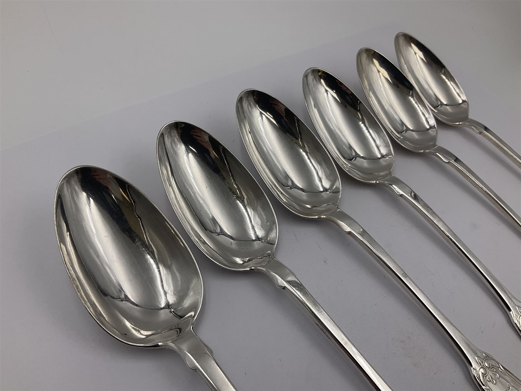 George IV Scottish silver Kings pattern cutlery for six place settings, to include table spoons, table forks, dessert spoons and dessert forks, all engraved with shamrock crest to terminal, hallmarked Robert Gray & Son, Glasgow 1833