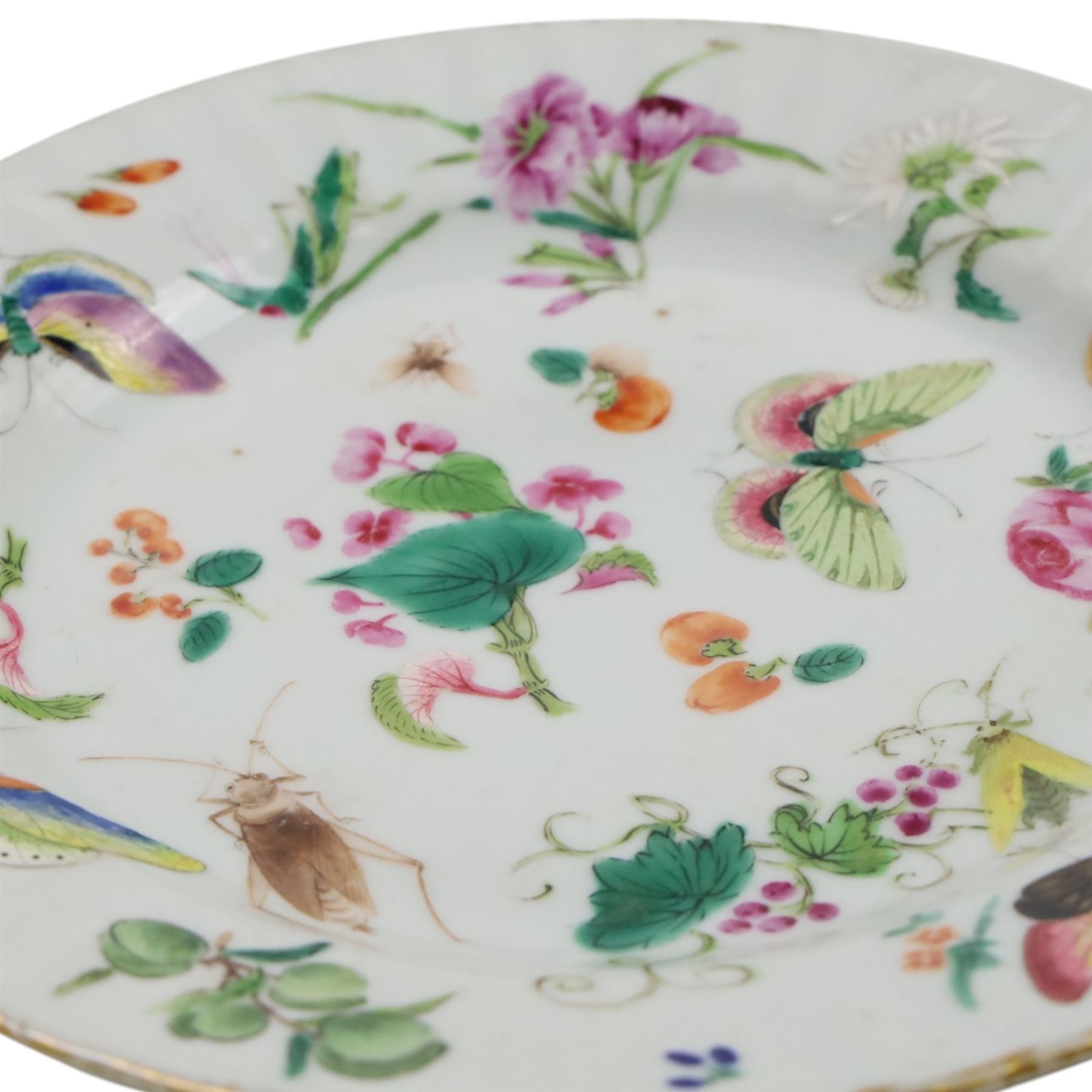 19th century Chinese famille rose plate, enamelled with fruits and flowers, crickets, butterflied and other insects, D20cm