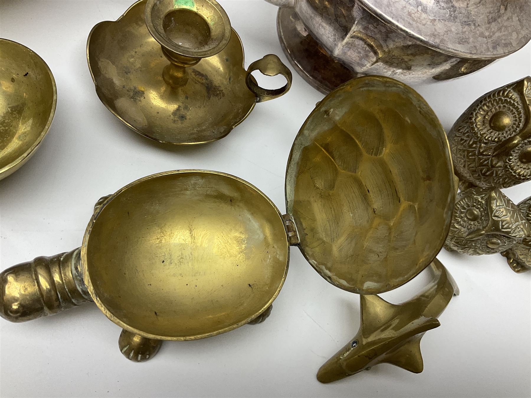 Collection of brassware, to include, kettles, jugs, owl figures etc