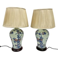 Pair of table lamps of baluster form, decorated with blossoming branches, including shades H62cm  