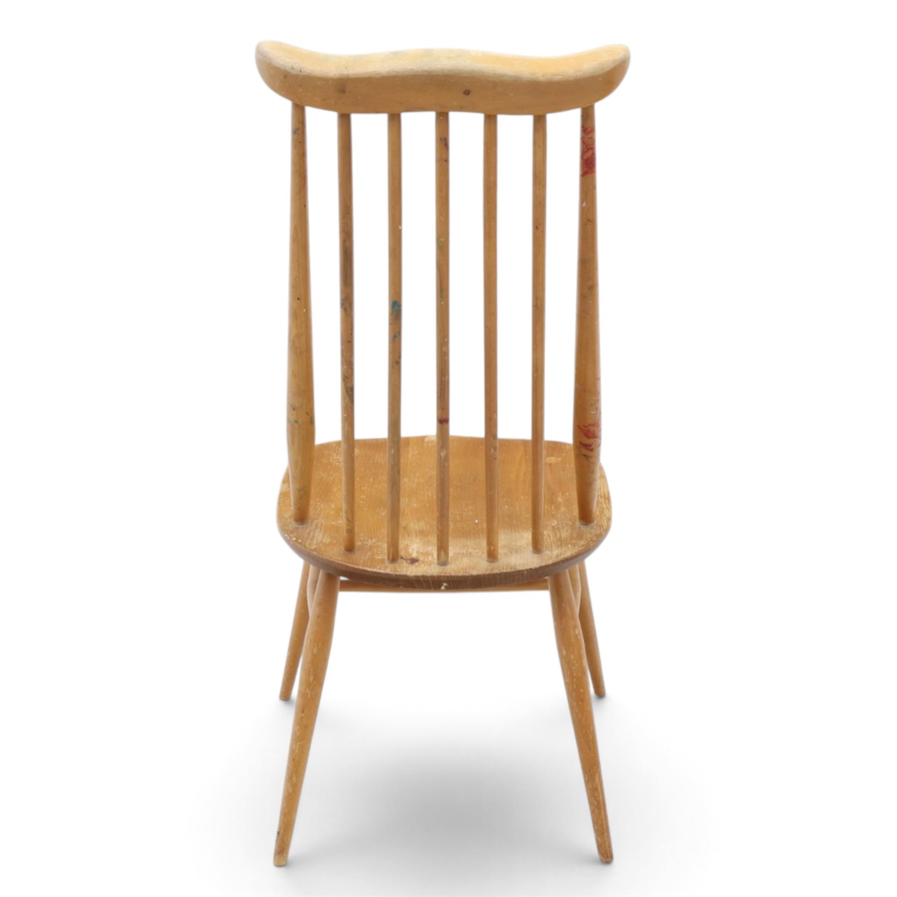 Ercol - 'Goldsmith' light elm set of four dining chairs, shaped cresting rail above seven spindles, dished seat raised on tapering supports with H-stretcher