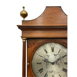 Kidd of Malton - late 18th century 30hr oak cased longcase clock, with a short pagoda pediment and gesso finials, square hood door with fan inlay to the corners flanked by turned pilasters with brass capitals, long trunk with conforming flat topped door on a rectangular plinth with applied shaped skirting, circular silvered dial with engraved decoration, Roman numerals and five minute Arabic’s, matching blued serpentine hands, dial pinned to a four pillar chain driven countwheel striking movement, striking the hours on a bell. With weight and pendulum.
The Kidd family of clockmakers are recorded as working in Malton (Yorks) from 1760-1807.
