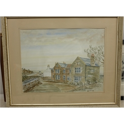  David Morris (British Contemporary): 'Grape Lane Whitby', artist's proof etching signed and titled in pencil, Tony Hunter (British ?-2015): 'Sunday Doings', watercolour and ink signed, titled on label verso, Patricia Kitson (British Contemporary): Rock Pooling, watercolour signed, artist's address label verso, and Gordon Hurley (British 20th century): Coastal Cottages, watercolour signed, max 30cm x 39cm (4)  