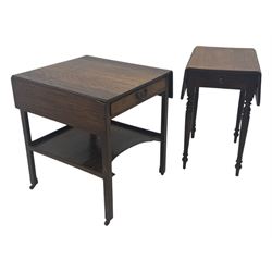 Georgian design mahogany drop-leaf table, rectangular top above a single drawer with brass handle, square supports united by arched undertier, on brass castors (W62cm, D65cm, H72cm); and a smaller mahogany drop-leaf table with single drawer on turned supports (W43cm, D61cm, H72cm)