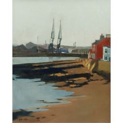 David Morris (British 1937-2018): 'Hartlepool Docks', oil on board signed with initials, titled and signed verso 51cm x 40cm