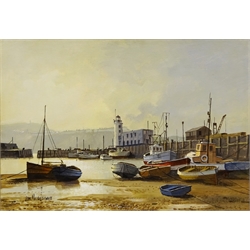  Don Micklethwaite (1936-): Beached Fishing Boats in Scarborough Harbour, oil on board signed 34.5cm x 50cm  
