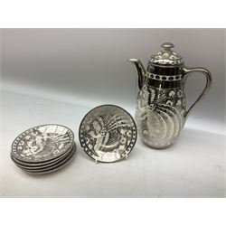 Early 20th century Gray's Pottery silver lustre coffee set for six, comprising coffee pot, coffee cans and saucers, open sucrier, and milk jug