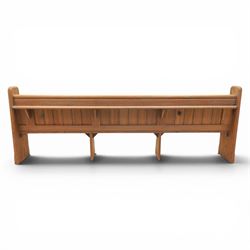 Victorian pitch pine church pew, tongue and groove back with rear shelf, shaped sides and supports 