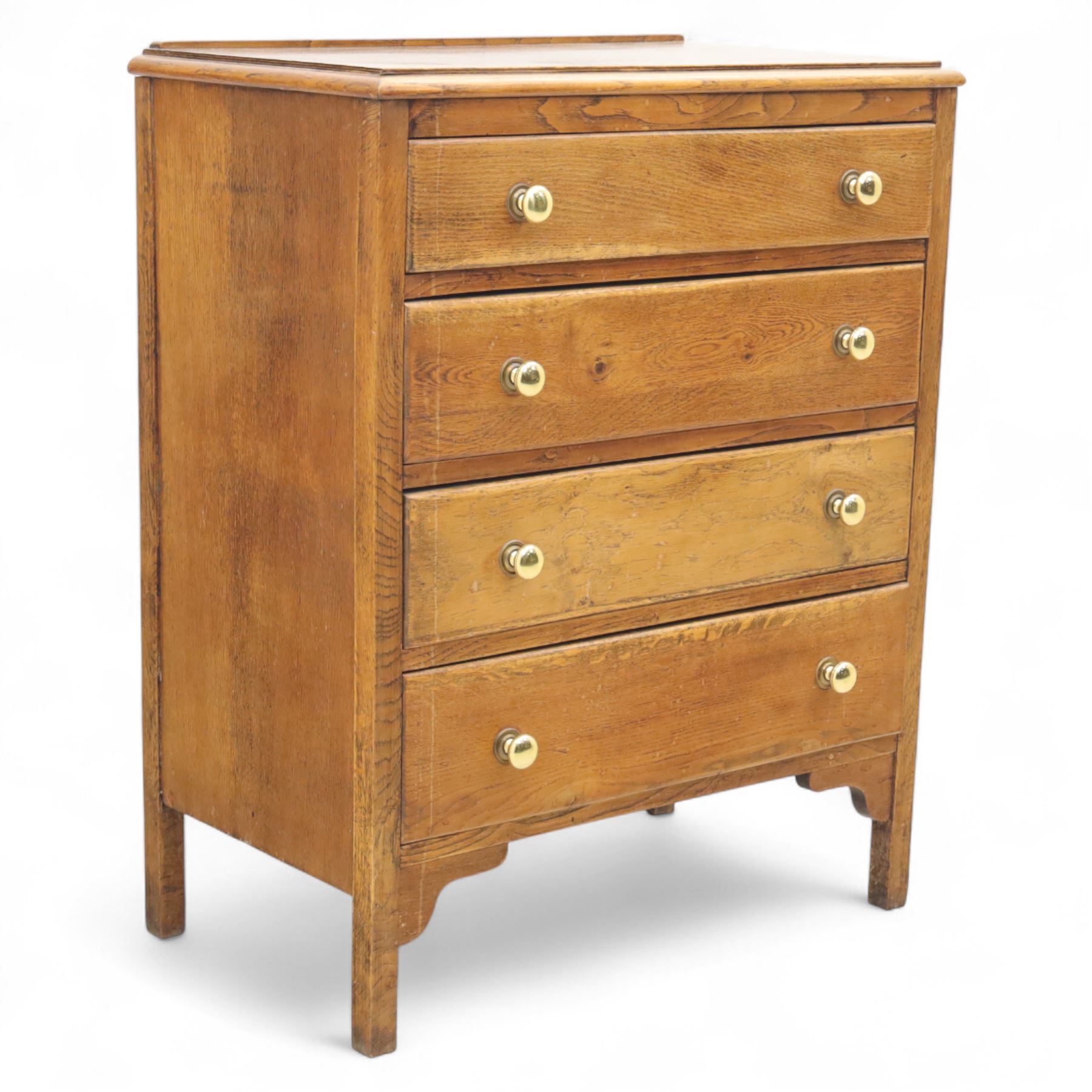 Mid-20th century elm chest, fitted with four long drawers with brass knop handles, the rectangular top with moulded edge, raised on bracket feet
