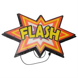 'Flash' 'Bang' and 'Wallop', set of three fibreglass and plastic illuminated signs H80cm W135ch D18cm (3) 
Provenance: previously part of the Blackpool Illuminations. Purchased by Drew Pritchard on the first ever day of filming the television program Salvage Hunters in 2011, and featured in the opening sequence of the first series. Purchased by Kane in the second programme, and mounted on top of 'The House'.