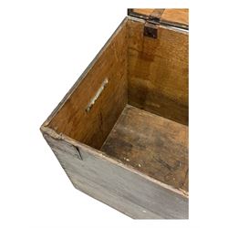 Early 20th century oak blanket chest, of rectangular form with iron strap hinges and surface-mounted drop handles, the interior fitted with iron lid stays, on bracket feet