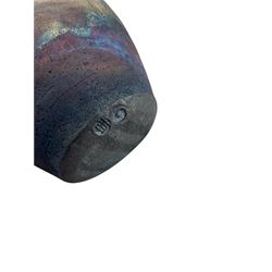 Raku fired studio pottery baluster vase, having copper fumed surface, signed to base, H22cm