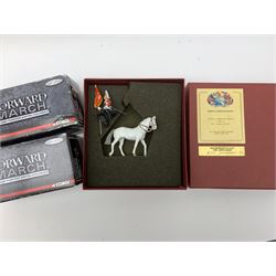 Various makers metal figures including M.J. Mode East Kent Regiment; Whitby Militaire Swiss Guards; HM Household Cavalry The Lifeguards Standard Bearer; Little Lead Londoners Coldstream Guards Band; Good Soldiers Dad's Army; and two Corgi Forward March figures; all mint and boxed; and a quantity of unboxed figures including Sherlock Holmes & Dr. Watson, Darth Vader etc