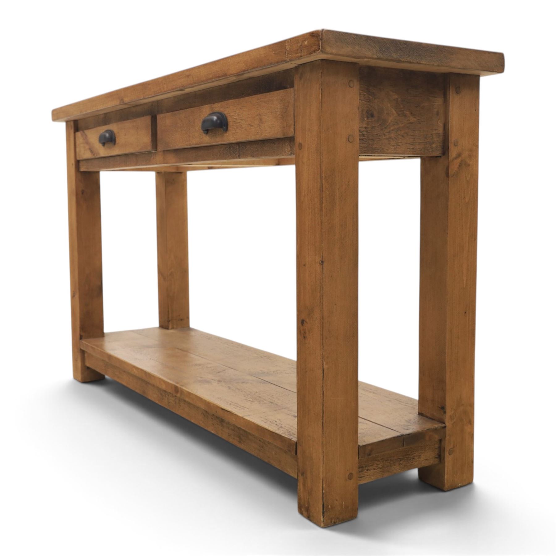 Indigo Furniture - rustic oak console table, two frieze drawers metal cup handles, stile supports with full length undertier