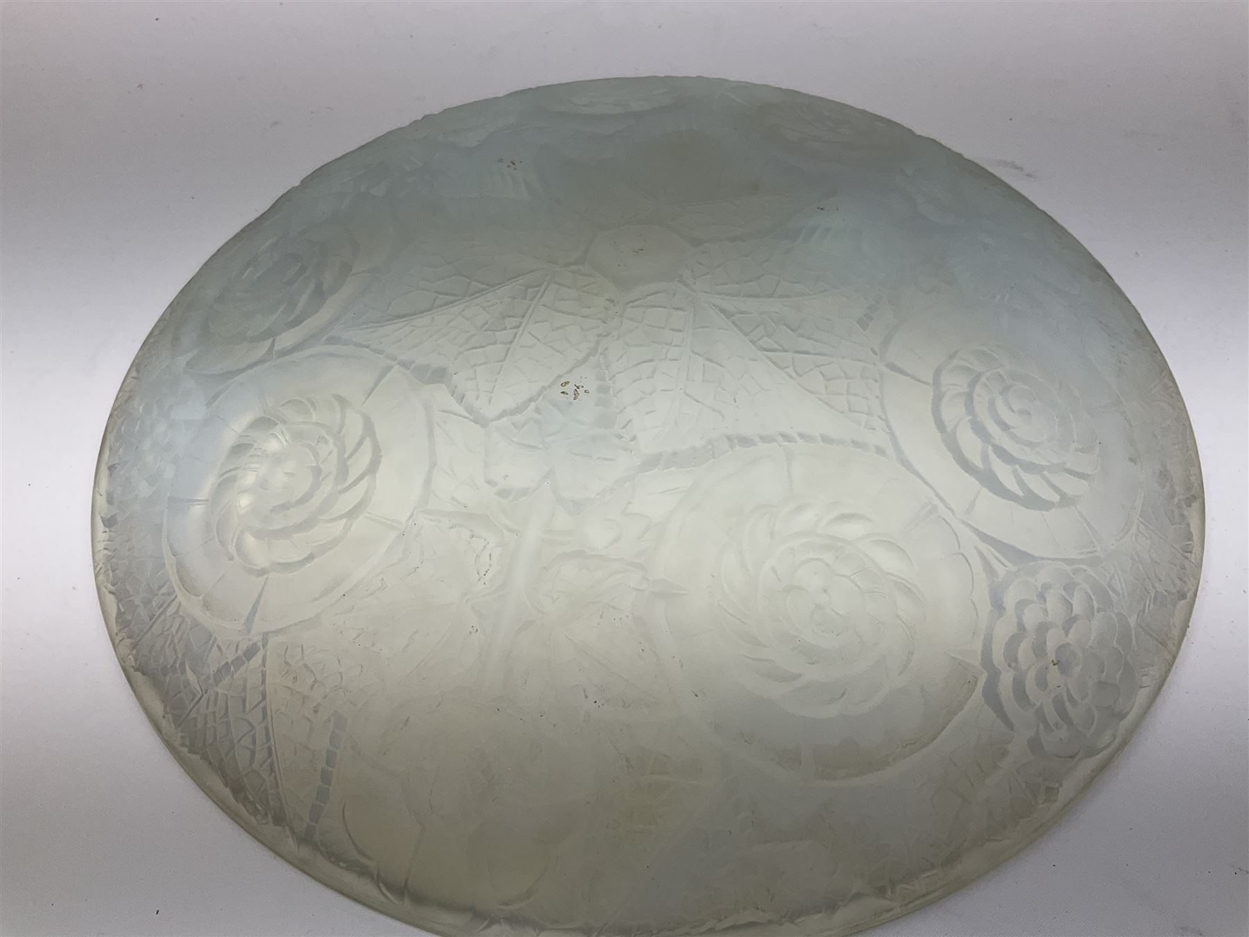 Early 20th century French opalescent shallow glass dish, with moulded floral decoration, D31.5cm