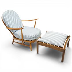 Ercol - 'Fleur de Lis' Windsor elm armchair and footstool, with blue gingham checked seat cushions