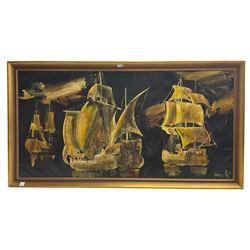 Very large oil on canvas painting depicting ships on calm water, indistinctly signed 