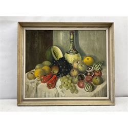 Continental School (Mid 20th century): Still Life of Fruit Vegetables and a Wine Bottle, oil on board unsigned 49cm x 60cm 