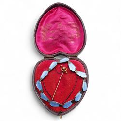 Danish silver and guilloche enamel bracelet by Volmer Bahner, gold pearl stick pin stamped 9ct and a velvet and silk lined heart shaped jewellery box 