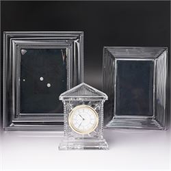Two boxed Waterford crystal photograph frames, together with a Waterford crystal mantel clock (3)