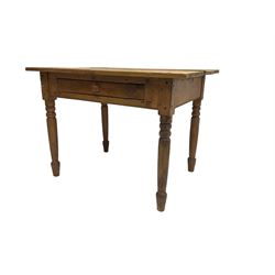 Traditional pine side table, rectangular top over single drawer, raised on turned supports