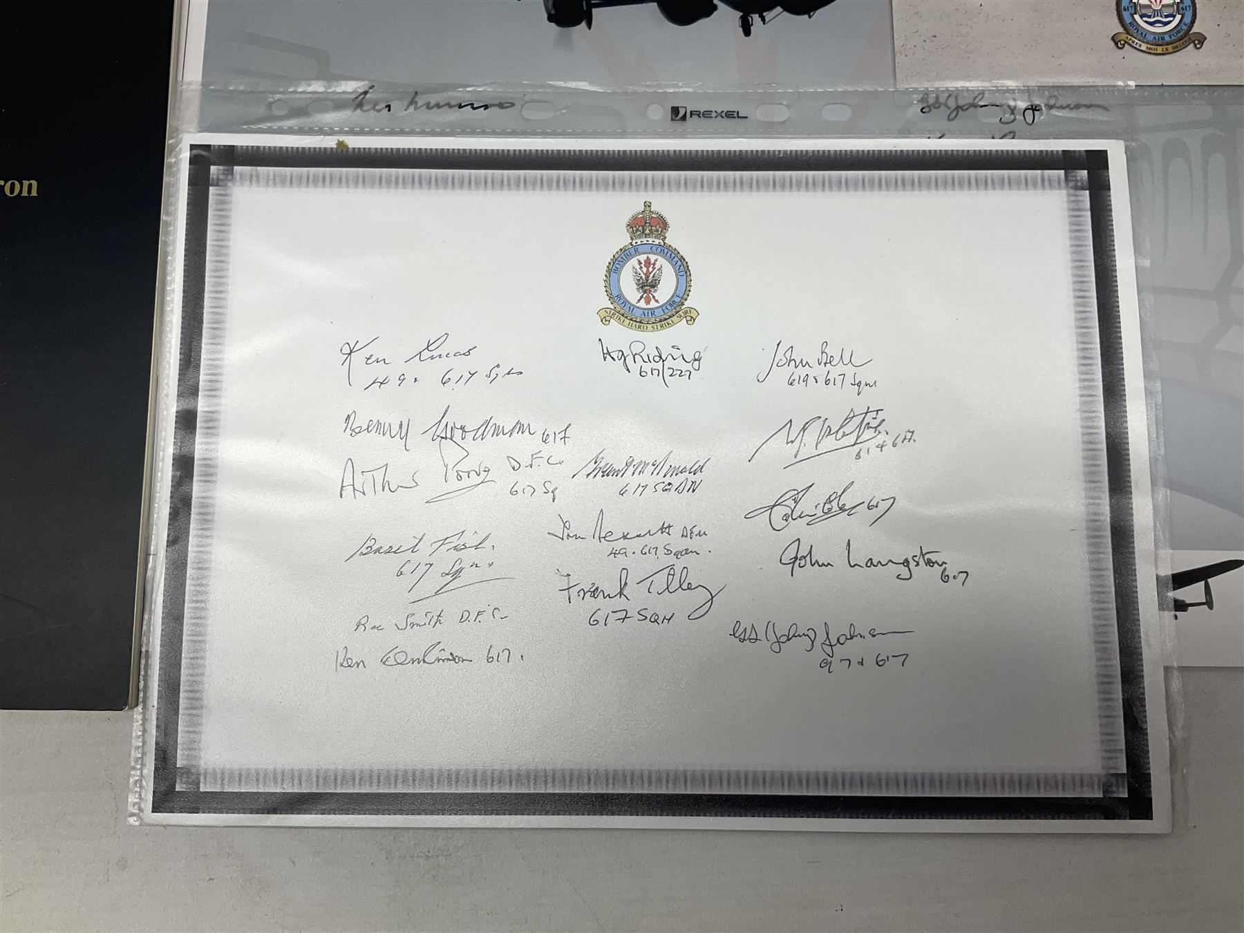 Dambusters 617 Squadron memorabilia - three signed photographs of Lancaster aircraft in flight, group photograph, copy of Vickers-Armstongs letter and drawing from Barnes Wallis, The History of 617 Squadron by Sqn. Ldr. S.J. Hillier, facsimile sets of signatures, FDCs, sheet music, Richard Todd signed photograph and greeting card, etc