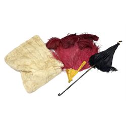 Victorian silk mourning parasol with a collapsible wooden handle, together with a late Victorian red ostrich feather fan and cream mink stole with silk lining 