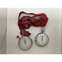 Nero Lemania - Royal Air Force type military stopwatch, outer black register for 60 seconds with 1/5th seconds divisions, inner red register to 100 with 1/10 divisions, subsidiary dial recording to 30 minutes, signed and marked with Broad Arrow, case back engraved '0552/521-3169' Broad Arrow '152/70'; together with a Balmaster Antichoc 1/10 4 Rubis stopwatch (2)