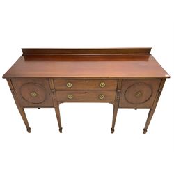 Warring and Gillows - early 20th century Georgian design mahogany sideboard, raised back with blind fretwork decoration, fitted with two drawers flanked by cupboards, on square tapering supports with spade feet