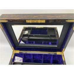 19th century brass bound coromandel vanity box, the hinged cover opening to reveal a later blue velvet and black leather fitted interior with lift out tray, above a pull out drawer with blue velvet and blue watered silk lining, the two brass locks stamped Bramah London, for Joseph Bramah of Piccadilly, with key, H20cm L33cm D24cm