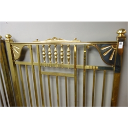  Pair Edwardian brass 3' single bedsteads, turned spindle pediments with decorated spandrels, sprung bases, H151cm  