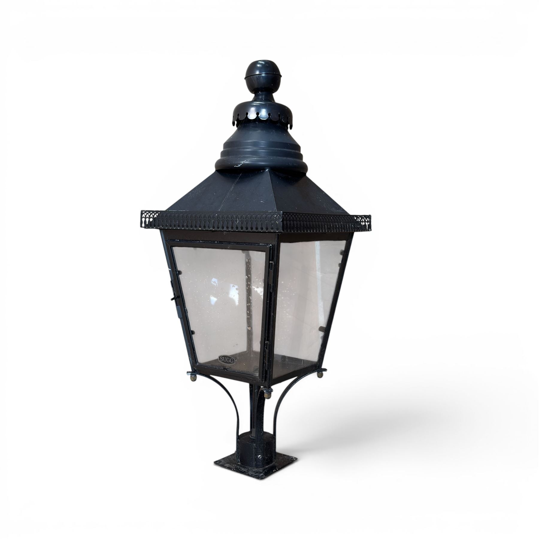 Pair of Victorian design black painted 'street' lamps, and a satin chrome light fitting