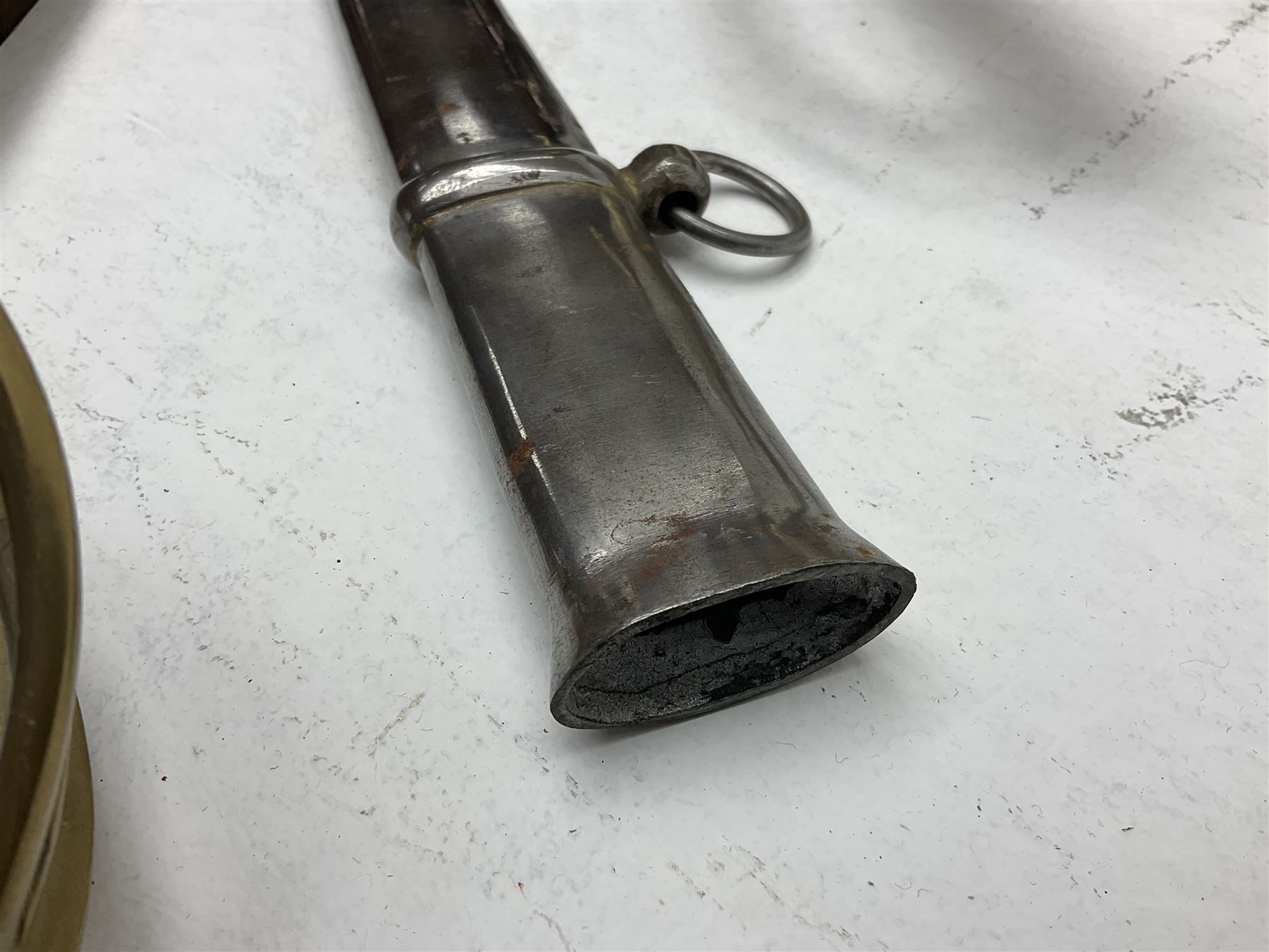 Reproduction American Civil War Cavalry trooper's sword, the 88cm slightly curving fullered steel blade marked to the ricasso 'Ames & Co Chicopee Mass.' and 'US ADK 1862'; brass hilt and leather covered grip; in steel scabbard L110cm overall;  and another reproduction sword (2)