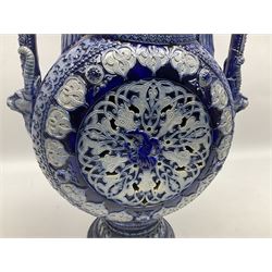 German stoneware blue glazed vase of flattened form with twin handles, H49cm (a/f)